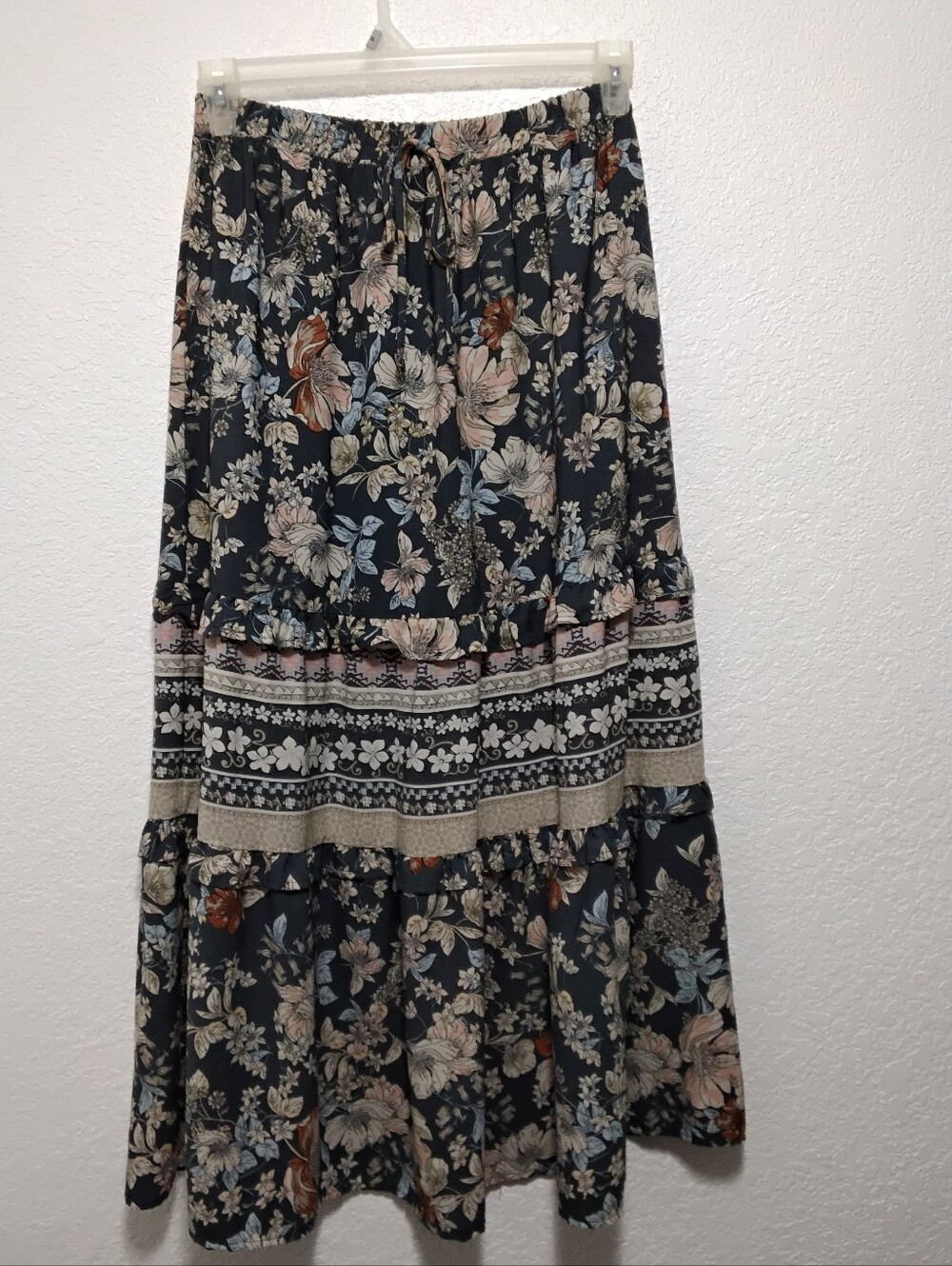 Sienna Sky Navy Floral Tiered Maxi Skirt with Blush & Rust Accents